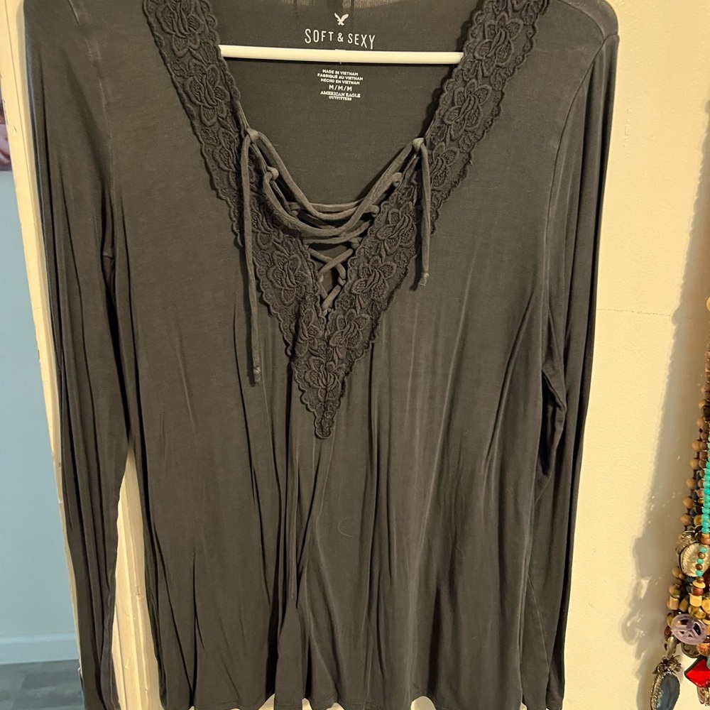 American Eagle Outfitters Charcoal Lace-Up Long Sleeve Top